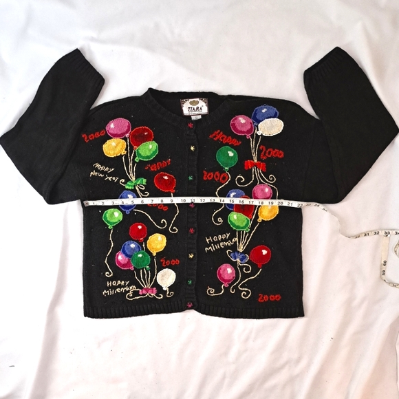 TIARA INTERNATIONAL Vintage 1999 Happy New Year 2000 Millennium Cardigan Sweater - Picture 6 of 14